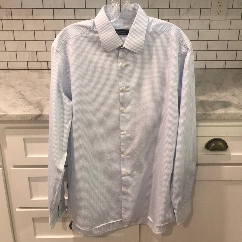 Mirto Shirt Mens Large‎ 16 Blue White Plaid Long Sleeve Dress Button Up